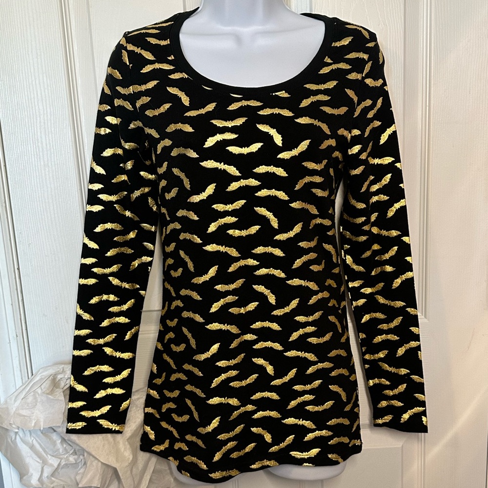 Halloween black long sleeve shirt with gold bats